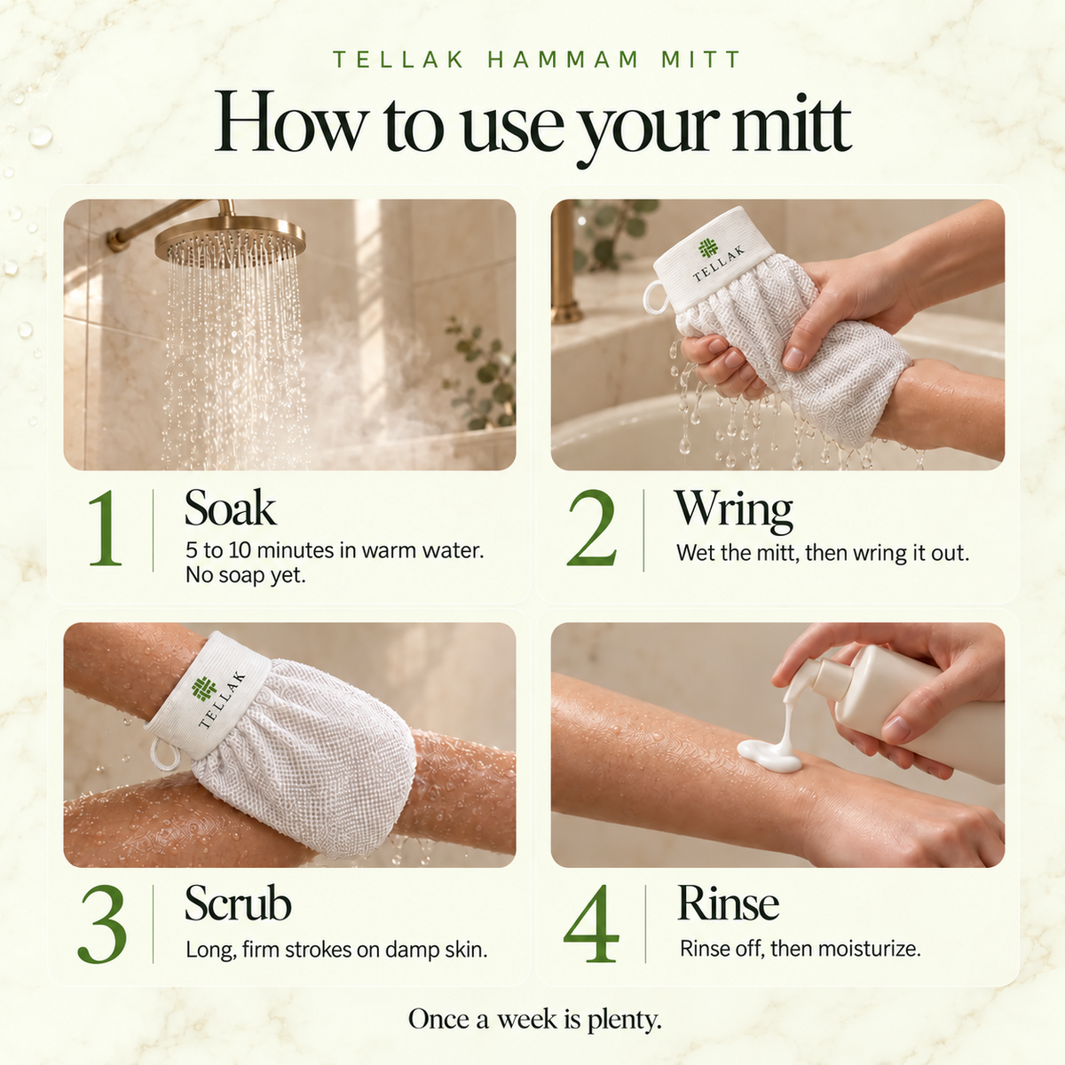 How to use the Tellak mitt in four steps: soak, wring, scrub, rinse