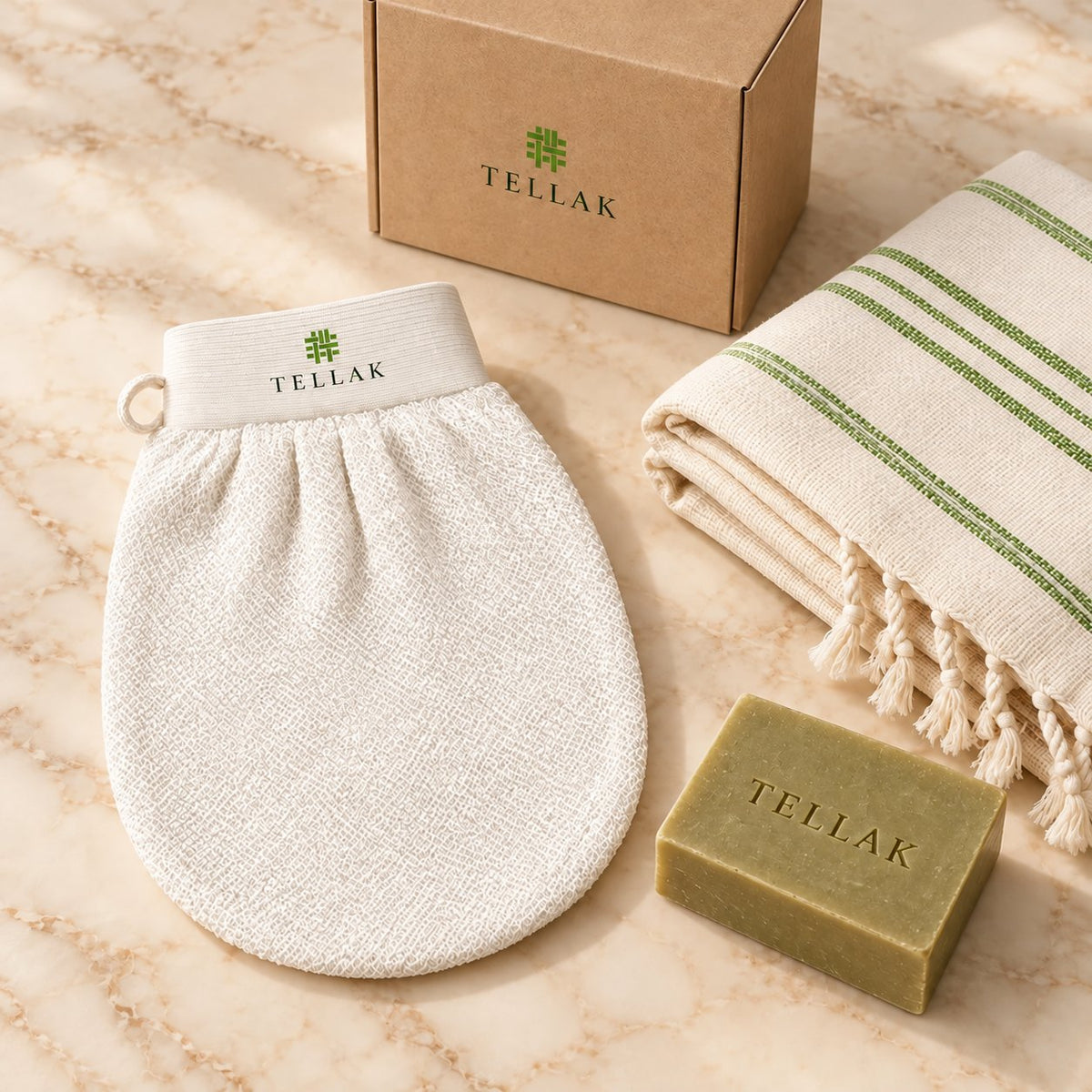 Tellak peshtemal towel with the Tellak mitt and olive oil soap