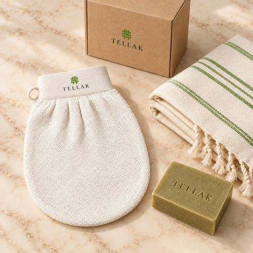 Tellak olive oil soap with the Tellak mitt and peshtemal towel